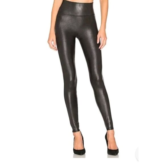 SPANX Black Faux Leather Leggings High Rise Shap Wear Sleek Compression Size M - Picture 1 of 11